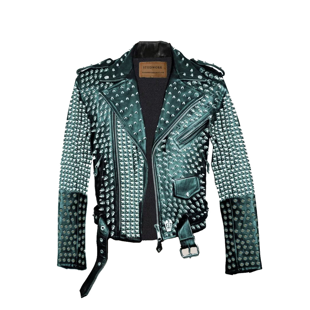 Green Biker's Heavy Spiked Studded Leather Jacket Leather Outlet