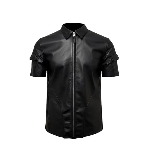 Handmade Half-sleeves Black Leather Biker Shirt Leather Outlet