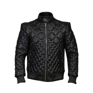 Handmade Men Black Studded Quilted Leather Jacket Leather Outlet