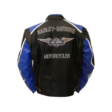 Load image into Gallery viewer, Harley Davidson Men&#39;s Blue &amp; Black Leather Biker Jacket Leather Outlet
