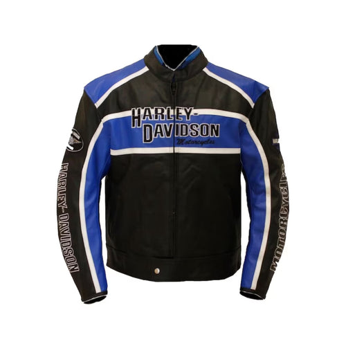 Harley Davidson Men's Blue & Black Leather Biker Jacket Leather Outlet
