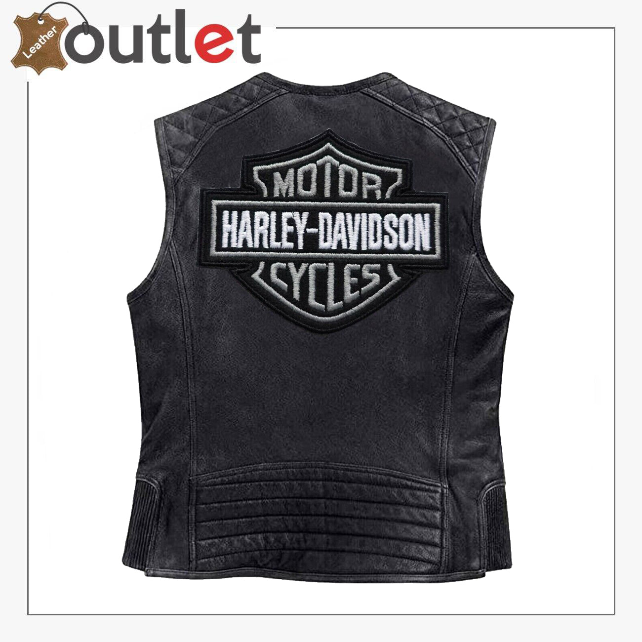 Harley Davidson Men's Genuine Leather Black Biker Vest Leather Outlet