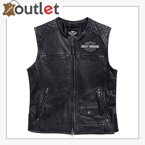 Harley Davidson Men's Genuine Leather Black Biker Vest Leather Outlet