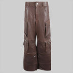 Damen Cargohose aus braunem Leder – Weite Utility-Hose aus Echtleder