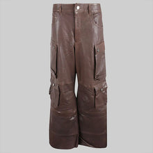Load image into Gallery viewer, Women’s Brown Leather Cargo Pants – Wide-Leg Genuine Leather Utility Trousers
