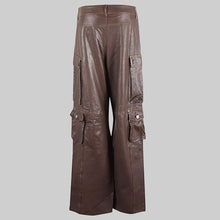 Load image into Gallery viewer, Women’s Brown Leather Cargo Pants – Wide-Leg Genuine Leather Utility Trousers

