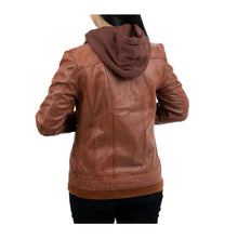 Load image into Gallery viewer, Hooded Brown Leather Bomber Jacket Women Leather Outlet
