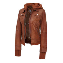 Load image into Gallery viewer, Hooded Brown Leather Bomber Jacket Women Leather Outlet

