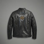Men’s Vintage Harley-Style Leather Moto Jacket – Anniversary Graphic Edition