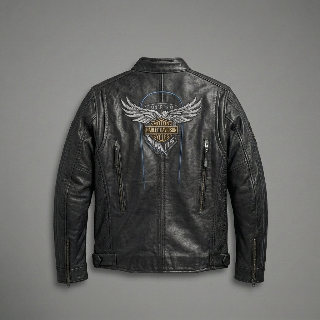 Vintage Harley-Stil Leder-Motorradjacke für Herren – Jubiläumsgrafik-Edition