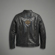 Load image into Gallery viewer, Men’s Vintage Harley-Style Leather Moto Jacket – Anniversary Graphic Edition
