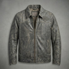 Load image into Gallery viewer, Men’s Harley-Style Black Leather Moto Jacket – Orange &amp; White Racing Stripe Edition
