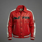 Men’s Classic Leather Moto Jacket – Orange & Cream Contrast Panel Design