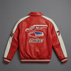 Men’s Classic Leather Moto Jacket – Orange & Cream Contrast Panel Design
