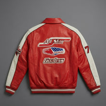 Load image into Gallery viewer, Men’s Classic Leather Moto Jacket – Orange &amp; Cream Contrast Panel Design
