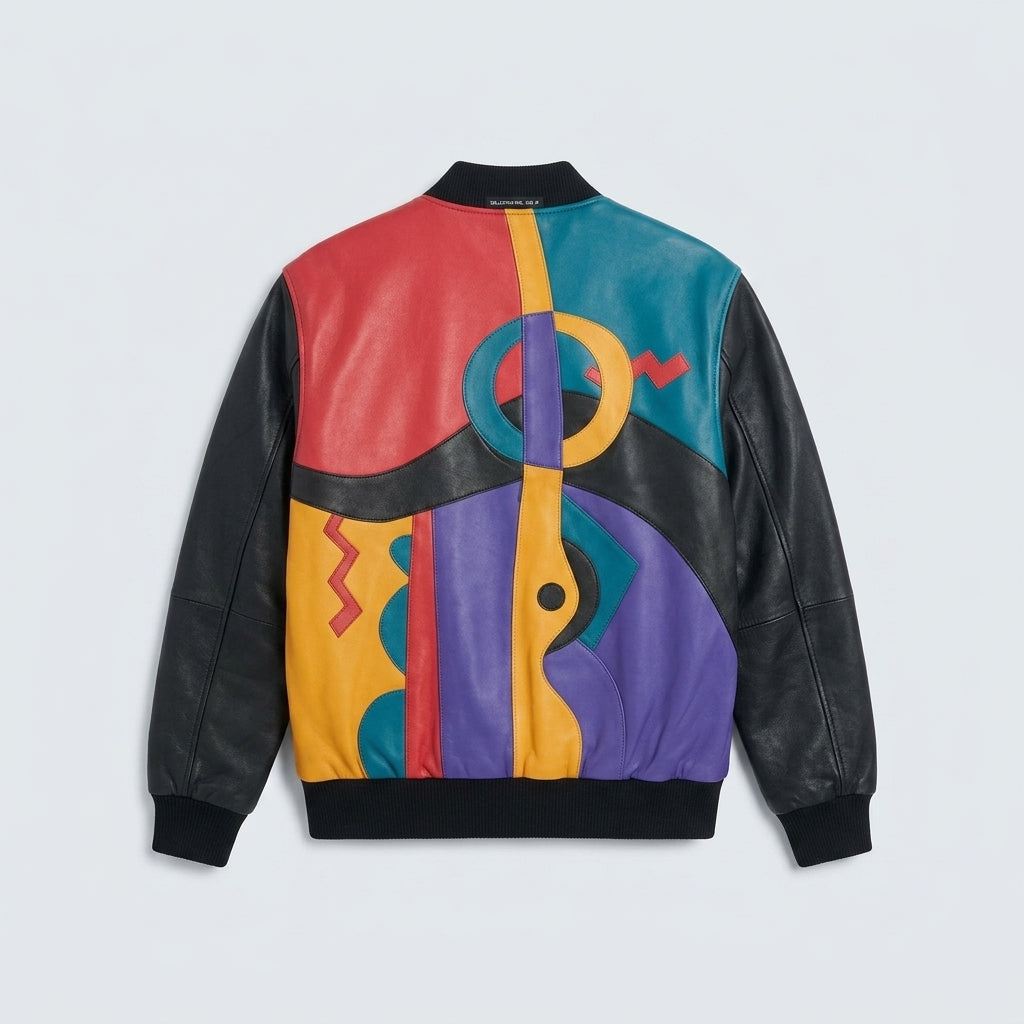 Men’s Artistic Plush Leather Jacket – Picasso-Inspired Statement Edition