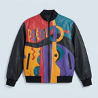 Men’s Artistic Plush Leather Jacket – Picasso-Inspired Statement Edition