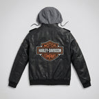 Herren schwarze Kapuzen-Bikerjacke aus Rindsleder – Harley-Stil Moto