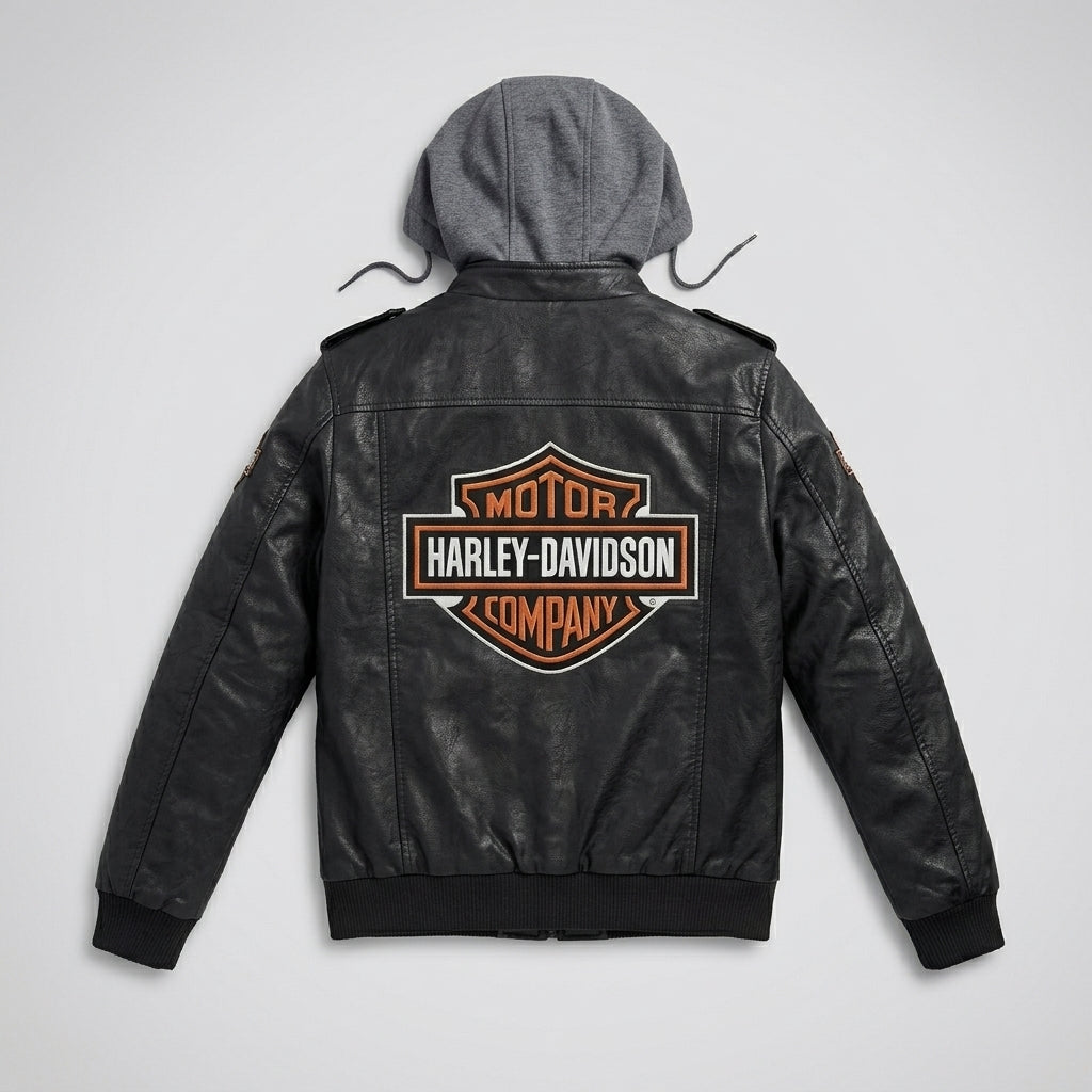 Herren schwarze Kapuzen-Bikerjacke aus Rindsleder – Harley-Stil Moto
