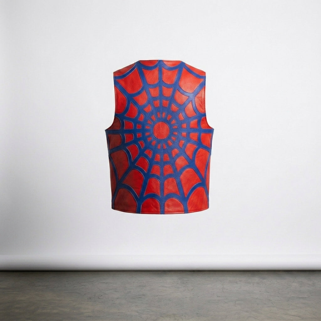 Red Spider Web Leather Vest – Bold Streetwear Biker Style