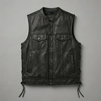 Classic Black Leather Motorcycle Vest – Snap Button & Side Lace Fit