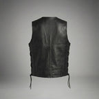 Classic Black Leather Motorcycle Vest – Snap Button & Side Lace Fit