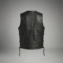 Load image into Gallery viewer, Classic Black Leather Motorcycle Vest – Snap Button &amp; Side Lace Fit
