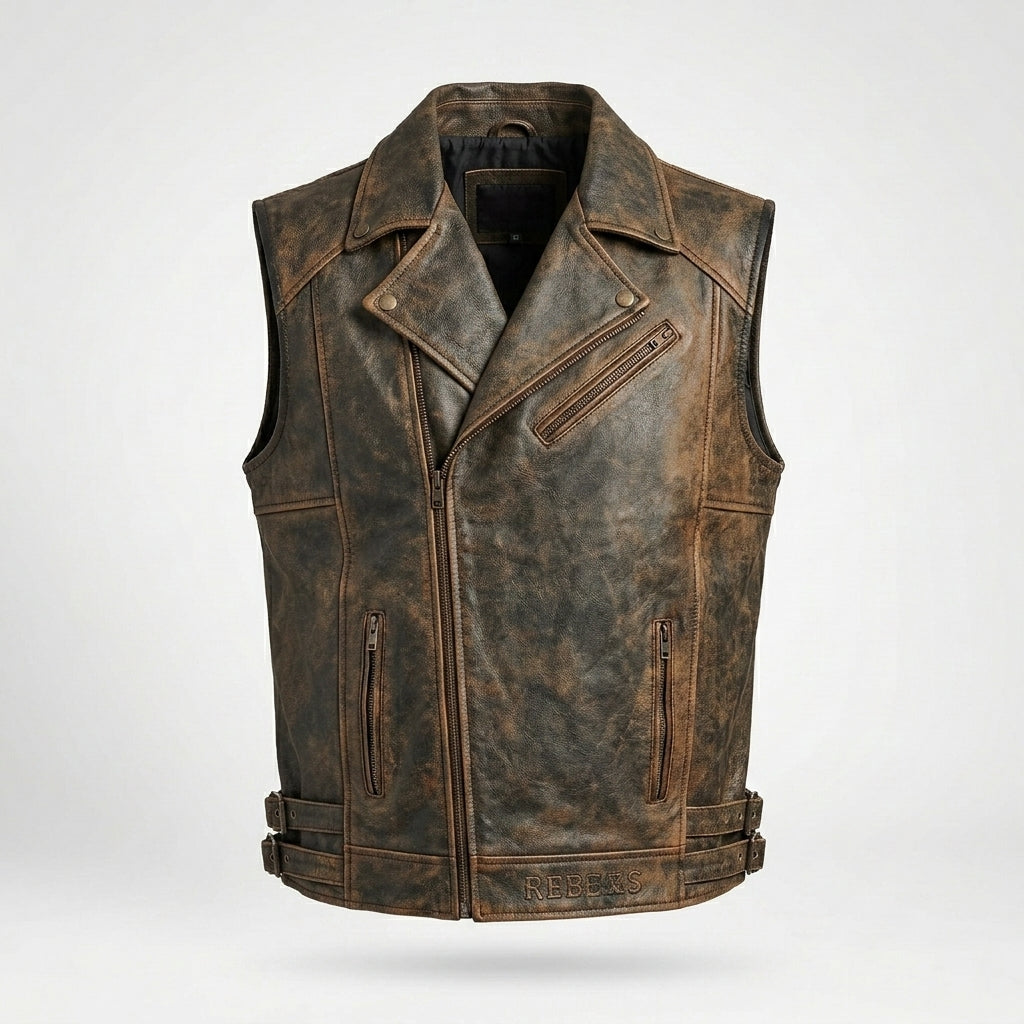 Distressed Leder Biker Weste für Herren – Klassischer Harley-Stil