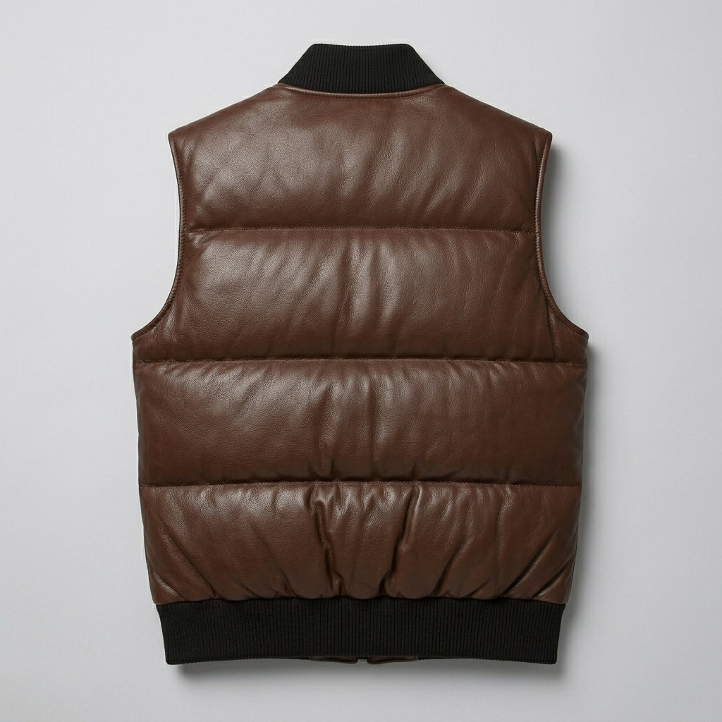 Brown Leather Puffer Vest for Men – Classic Warmth Edition