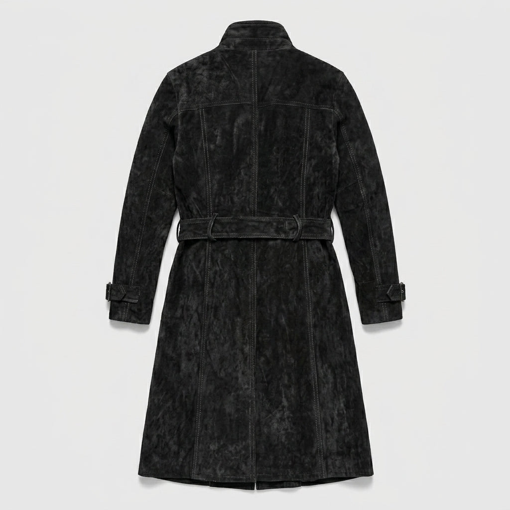 Men’s Black Suede Double-Breasted Trench Coat – Classic Long Overcoat