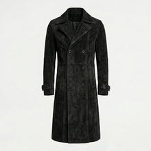 Load image into Gallery viewer, Men’s Black Suede Double-Breasted Trench Coat – Classic Long Overcoat
