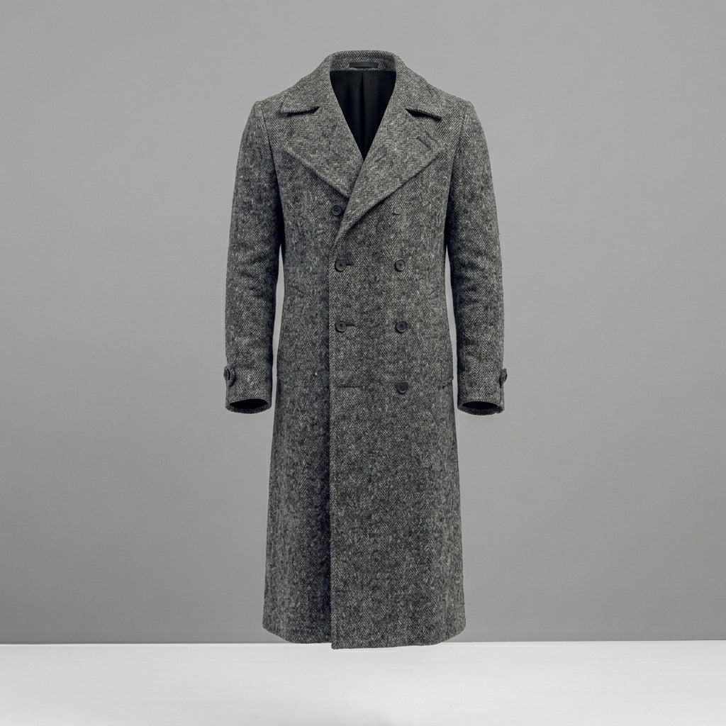 Men’s Manteco Herringbone Double Breasted Long Coat – Dark Gray Classic Fit