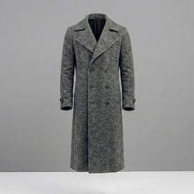Load image into Gallery viewer, Men’s Manteco Herringbone Double Breasted Long Coat – Dark Gray Classic Fit
