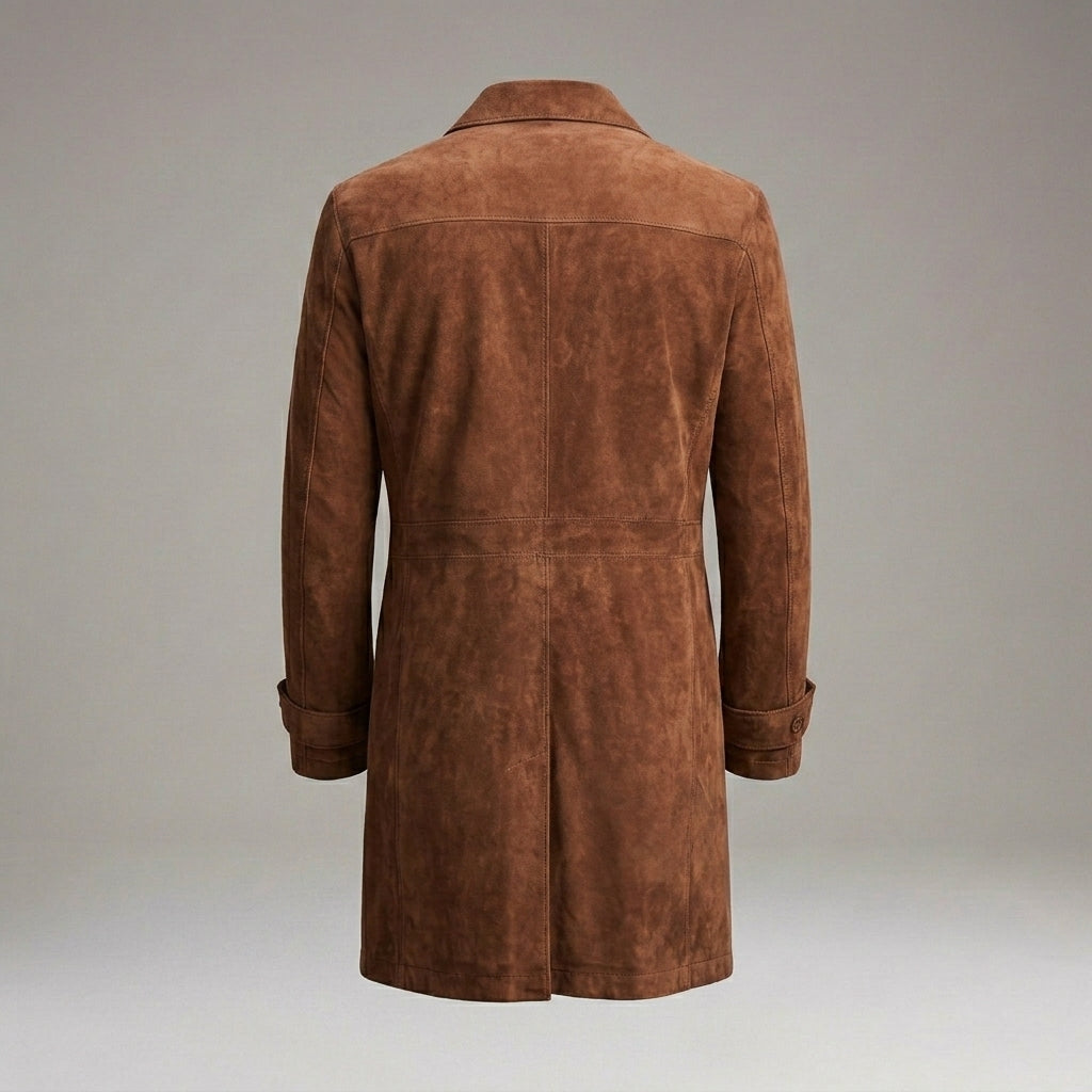 Men’s Vintage Brown Suede Trench Coat – Classic Button-Up Long Overcoat