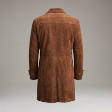Load image into Gallery viewer, Men’s Vintage Brown Suede Trench Coat – Classic Button-Up Long Overcoat

