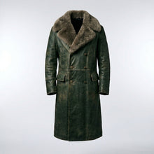 Load image into Gallery viewer, Men’s Dark Green Shearling Leather Jacket – Premium Winter Aviator Style
