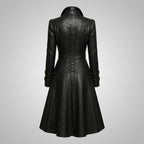 Women’s Black Gothic Victorian Leather Trench Coat – Elegant Long Statement Coat
