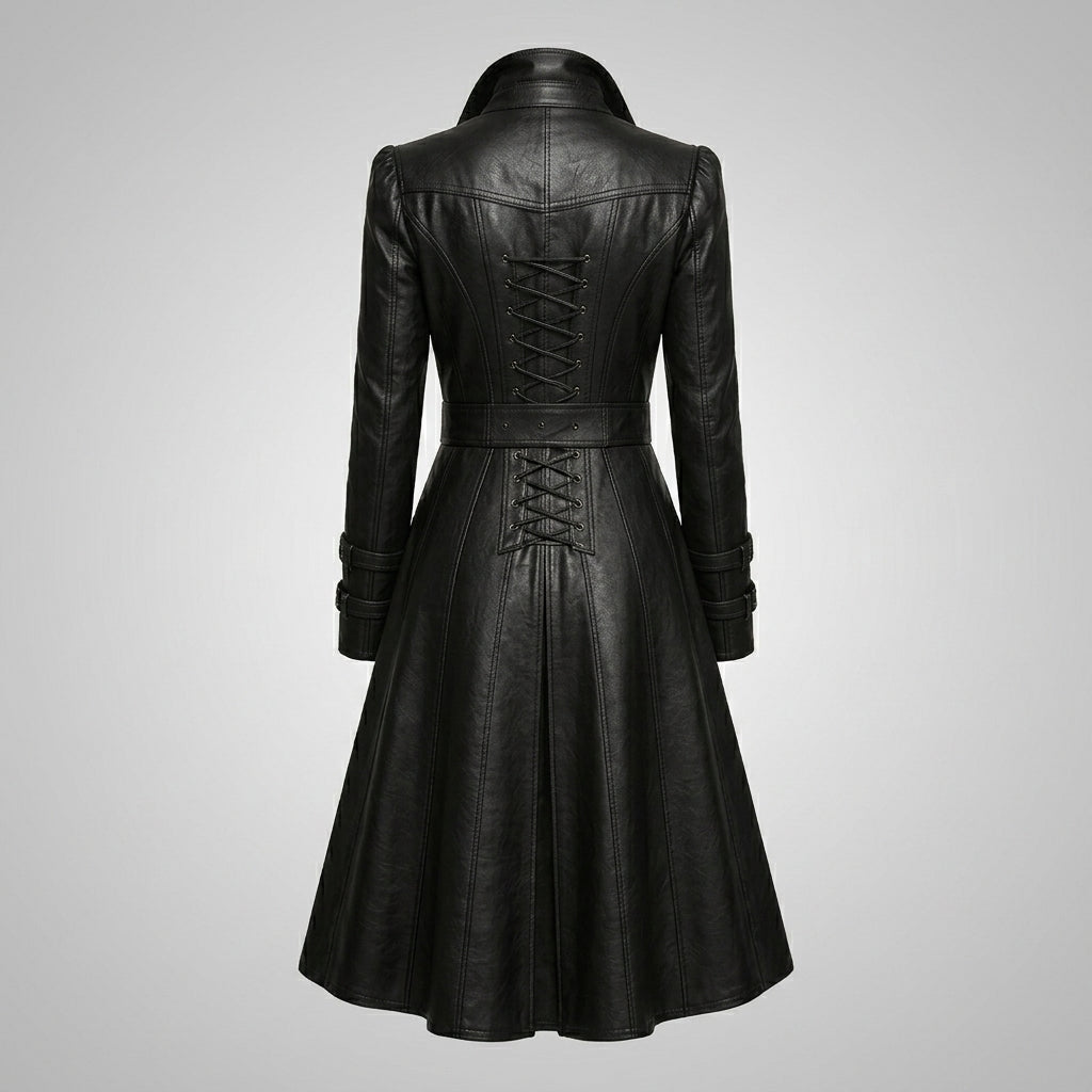 Women’s Black Gothic Victorian Leather Trench Coat – Elegant Long Statement Coat