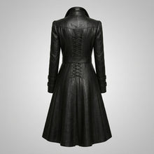 Load image into Gallery viewer, Women’s Black Gothic Victorian Leather Trench Coat – Elegant Long Statement Coat
