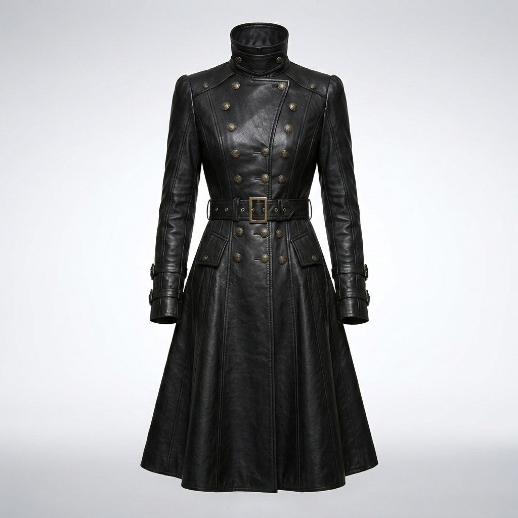 Women’s Black Gothic Victorian Leather Trench Coat – Elegant Long Statement Coat