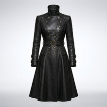 Load image into Gallery viewer, Women’s Black Gothic Victorian Leather Trench Coat – Elegant Long Statement Coat
