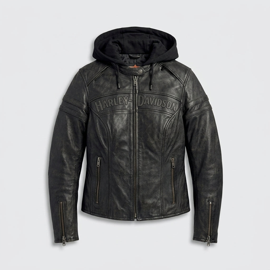 Women’s Scroll Skull 3-in-1 Leather Motorcycle Jacket – Harley Style Edition