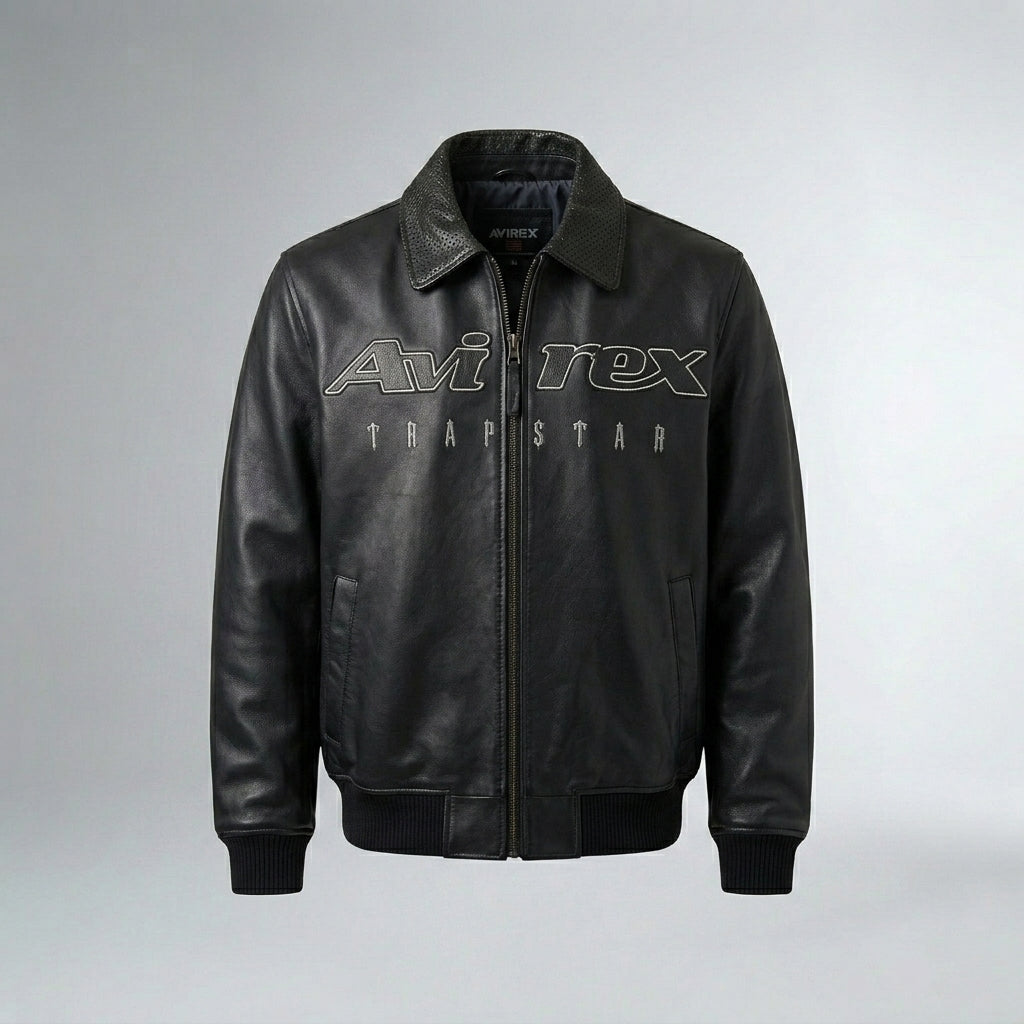 Men’s Street Collaboration Leather Bomber Jacket – Avirex Trap Style Edition