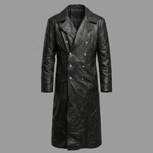 Laden Sie das Bild in den Galerie-Viewer, Herren Trenchcoat aus schwarzem Leder im deutschen Offiziersstil – Militärisch inspirierter langer Mantel
