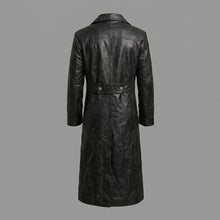 Laden Sie das Bild in den Galerie-Viewer, Herren Trenchcoat aus schwarzem Leder im deutschen Offiziersstil – Militärisch inspirierter langer Mantel
