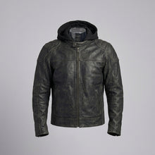 Load image into Gallery viewer, Men’s Black Hooded Leather Biker Jacket – Urban Moto Style
