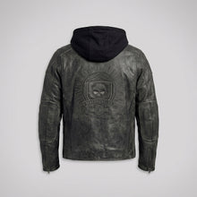 Load image into Gallery viewer, Men’s Black Hooded Leather Biker Jacket – Urban Moto Style
