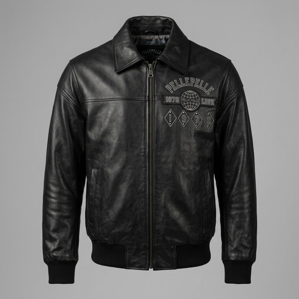 Men’s Embroidered Black Leather Jacket – Pelle Style Street Edition
