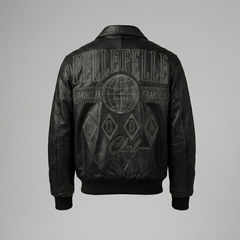 Men’s Embroidered Black Leather Jacket – Pelle Style Street Edition