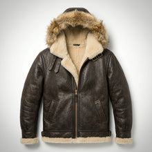 Laden Sie das Bild in den Galerie-Viewer, Men’s B-3 Hooded Sheepskin Bomber Leather Jacket – Premium Shearling Flight Coat
